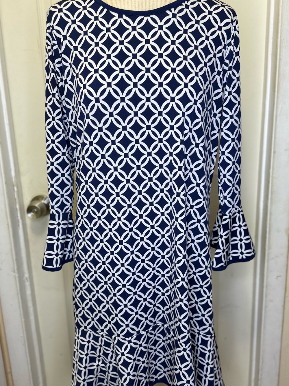 Michael Kors Navy White Geometric Ring Print Flounce Hem Bell Sleeve Dress Sz L